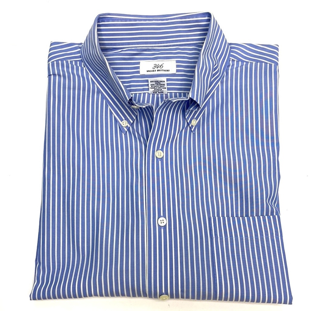 Brooks Brothers 346 Men's Blue Stripe No-Iron Short Sleeve Shirt